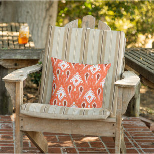 Coral Orange Dark Maroon Red Ikat Tribal Pattern Cushion