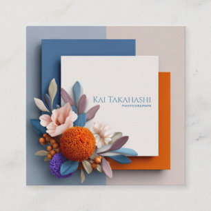 Coral Orange Floral Geometric Block Dimensional Square Business Card