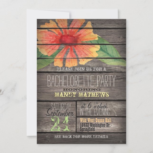 Coral Orange Flower; Rustic Bachelorette Party Invitation (Front)