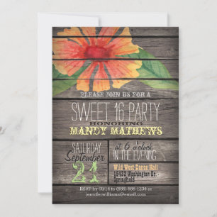 Coral Orange Flower; Rustic Wood Sweet 16 Party Invitation