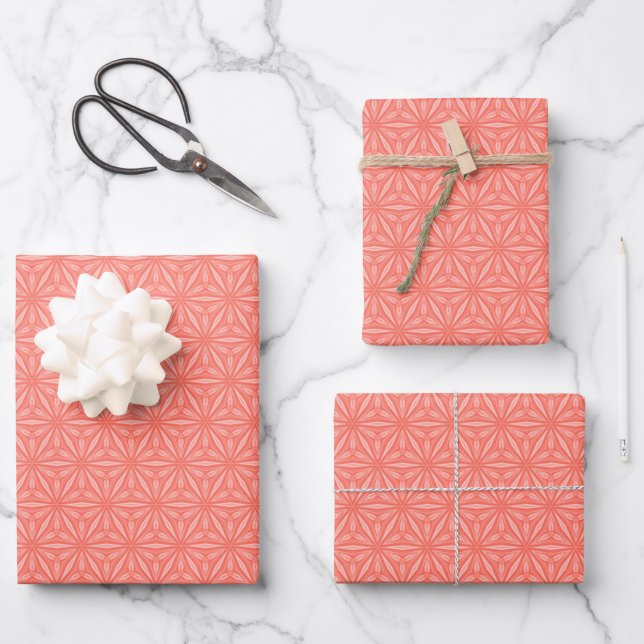 Coral Orange Geometric Flower Pattern Wrapping Paper Sheet (Front)