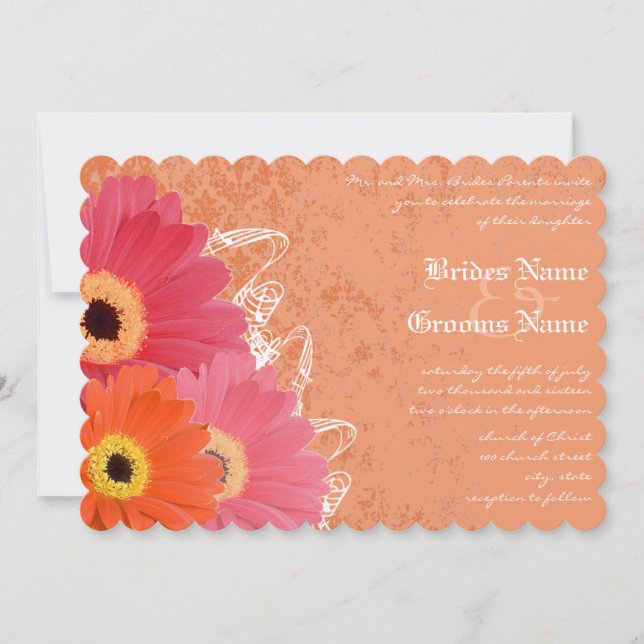 Coral & Orange Gerber Daisy Wedding Invitation (Front)