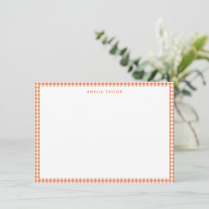 Coral Orange Gingham Plaid Personalised Stationery Card