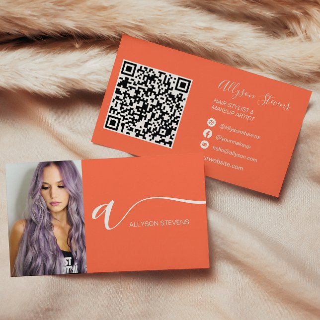 Coral orange hair makeup photo initial qr code business card (Neon pink hair makeup photo initial qr code business card on coral orange)