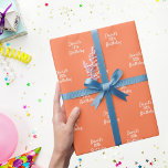 Coral orange name script wrapping paper<br><div class="desc">A coral,  orange coloured background colour,  white text. 
Personalise and add a name and age. Handwritten style script.</div>