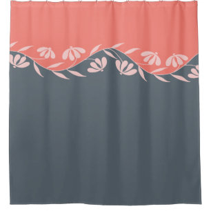 Coral Orange Peach Grey Floral Shower Curtain