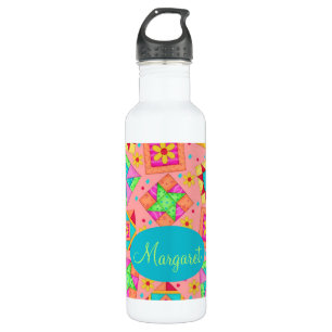 Coral Orange Personalize Patchwork Quilt Block Art 710 Ml Water Bottle