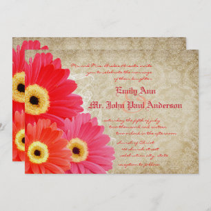Coral Orange Pink Gerber Daisy Wedding Invitation