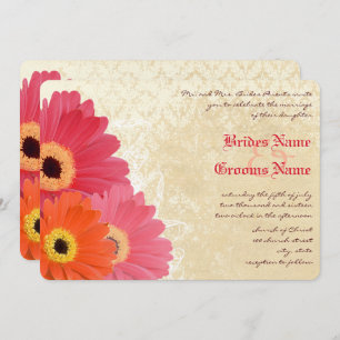 Coral Orange Pink Gerber Daisy Wedding Invitation