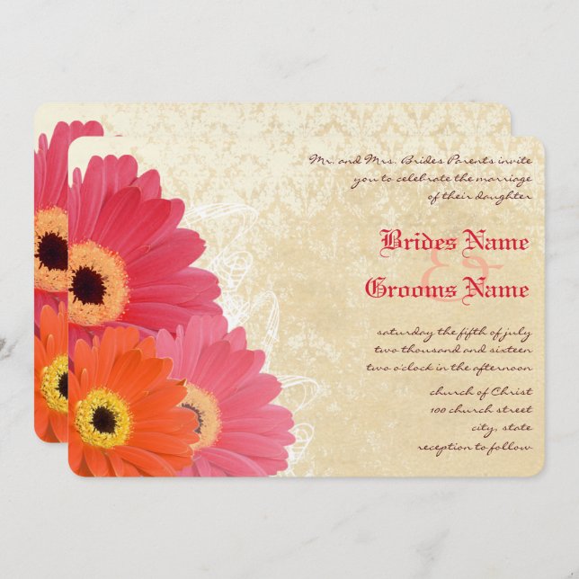 Coral Orange Pink Gerber Daisy Wedding Invitation (Front/Back)