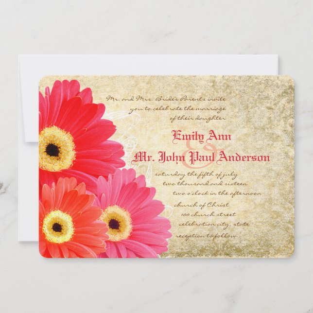 Coral Orange Pink Gerber Daisy Wedding Invitation (Front)