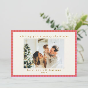 Coral Orange Pink Gingham Check Family Holiday Card