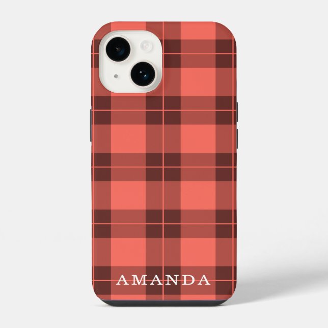 Coral Orange Plaid Pattern Custom Name iPhone Case (Back)