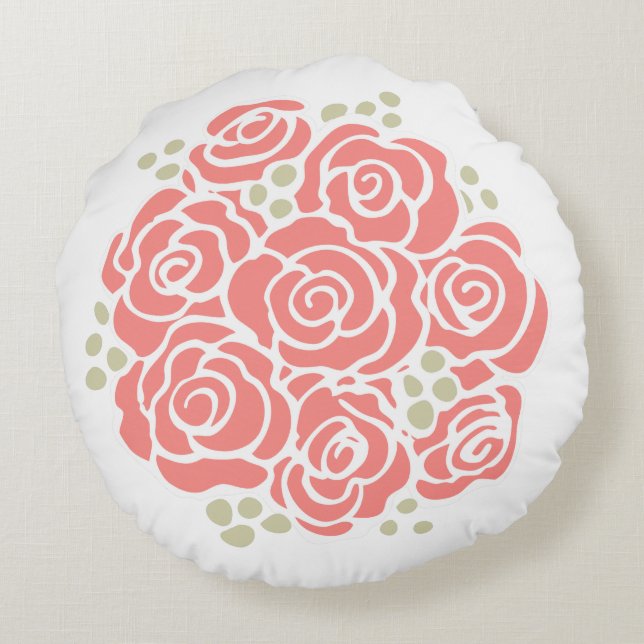 Coral orange rose flower bouquet round pillow (Back)