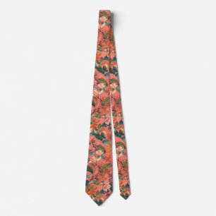 Coral orange watercolor floral summer pattern tie