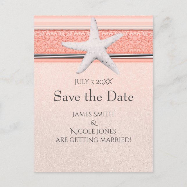 Coral Orange & White Starfish Beach Save the Date Announcement Postcard (Front)