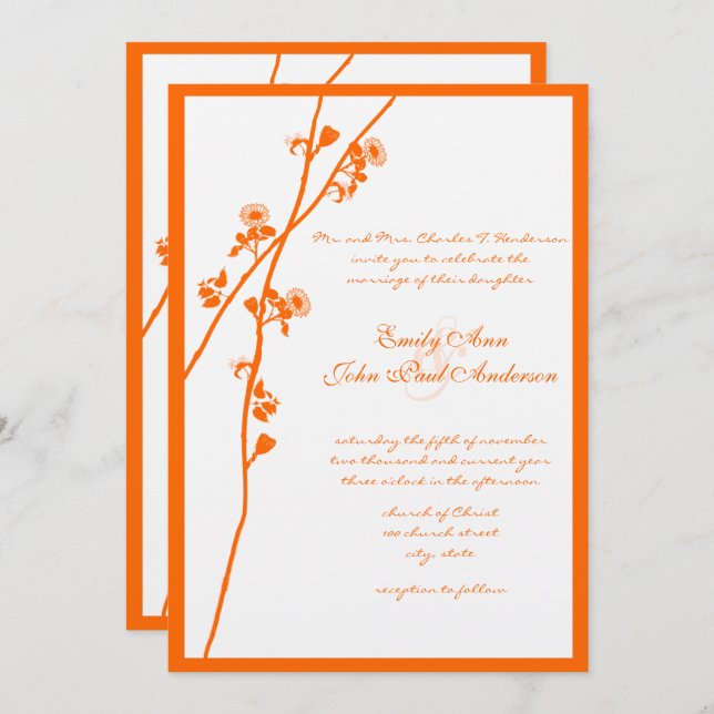 Coral Orange Wildflower Branch Floral Wedding Invitation (Front/Back)
