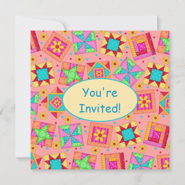 Coral Orange Yellow Patchwork Quilt Block Art Invitation (Front)