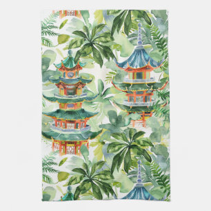 Coral Pagoda Cottage Garden Watercolor Tea Towel