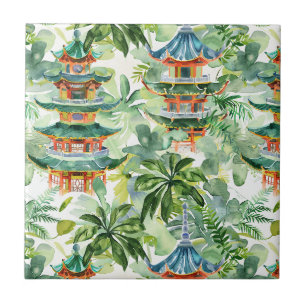 Coral Pagoda Cottage Garden Watercolor Tile