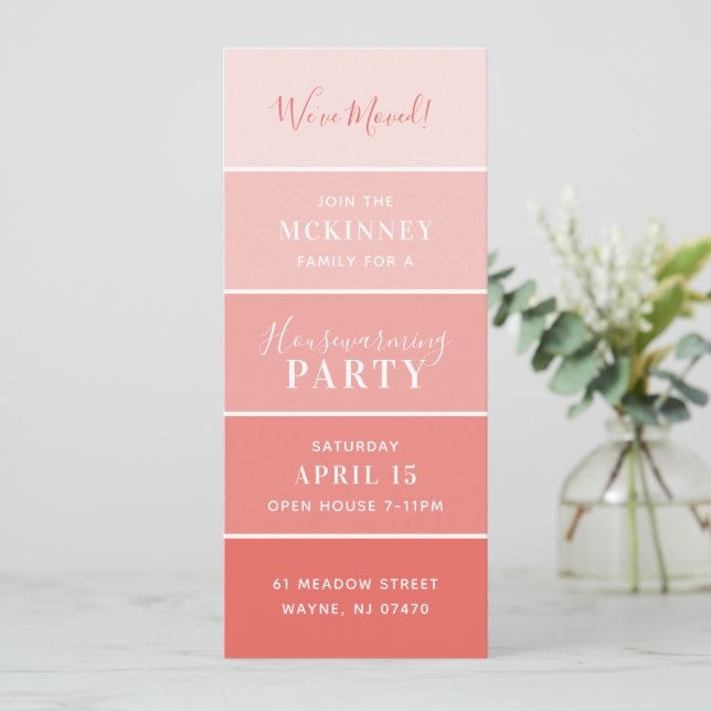 Coral Paint Swatch Card Housewarming Party Invite (Standing Front)