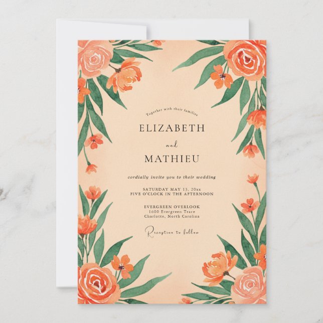 Coral Painted Blossom Wedding Invitation (Front)