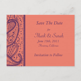 Coral Paisley Pattern Save The Date Announcement Postcard