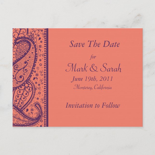 Coral Paisley Pattern Save The Date Announcement Postcard (Front)