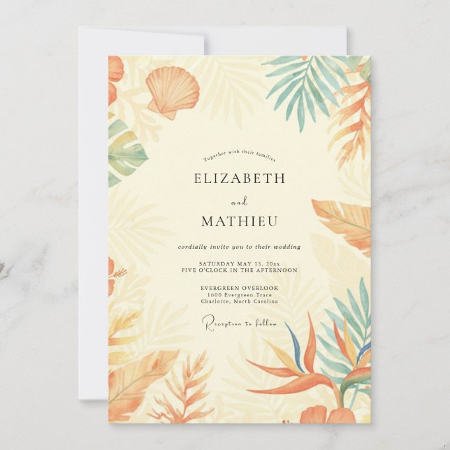 Coral Palm Leaf Wedding Invitation (Front)
