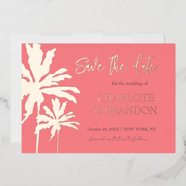 Coral Palm Trees Beach Wedding Save The Date Gold (Envelope)
