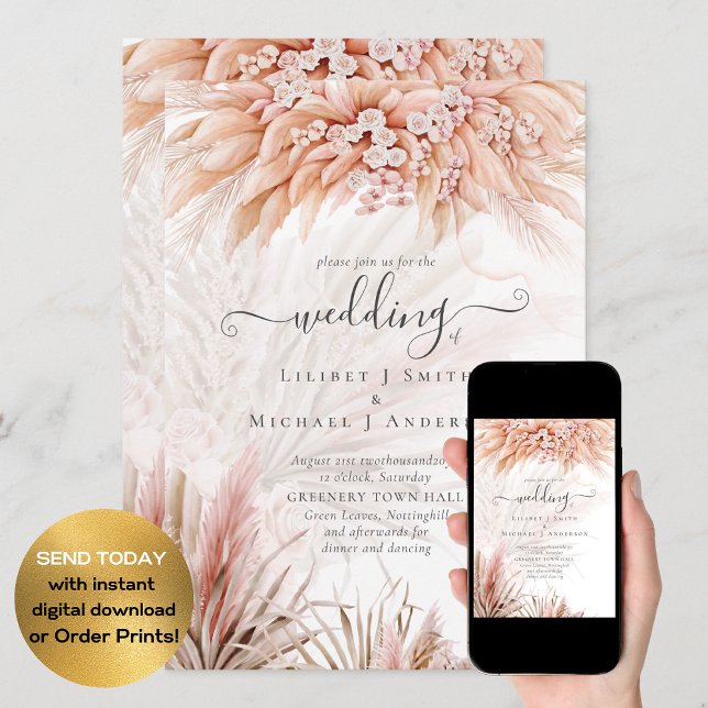 Coral Pampas Grass BOHO Wedding Invitation (Creator Uploaded)