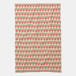 Coral pansies - retro wallpaper pattern tea towel