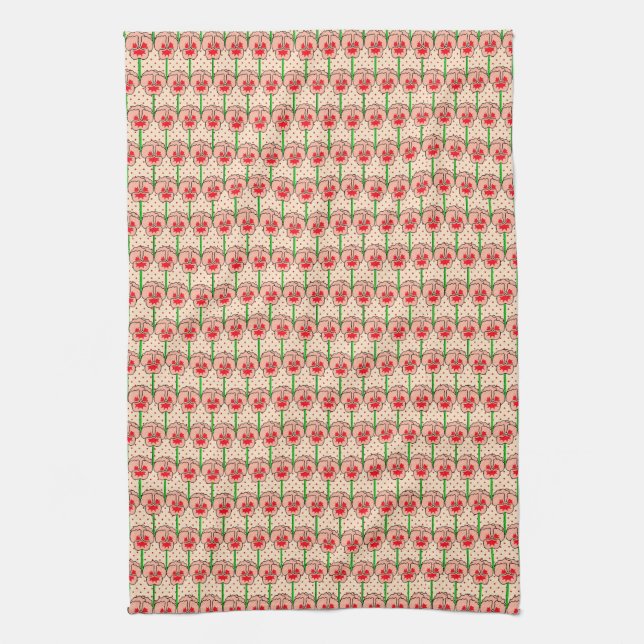 Coral pansies - retro wallpaper pattern tea towel (Vertical)