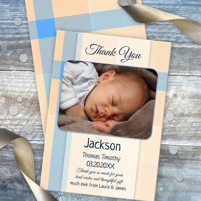 Coral Pastel Plaid Baby Photo Thank You Card (Gender neutral baby Thank You card with a photo of your own baby on a pastel blue and peach plaid)