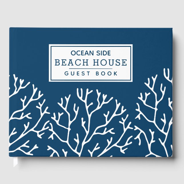 Coral Pattern - Beach House Vacation Rental Blue Guest Book (Front)