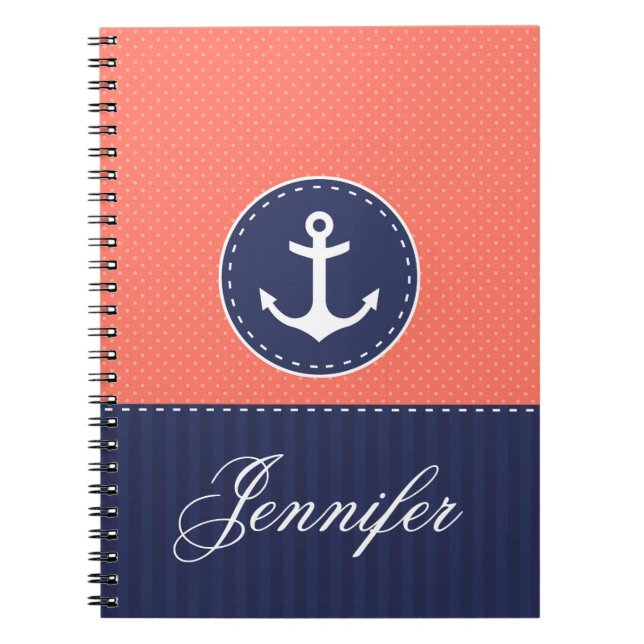 Coral Pattern Blue Anchor Personalised Name Notebook (Front)