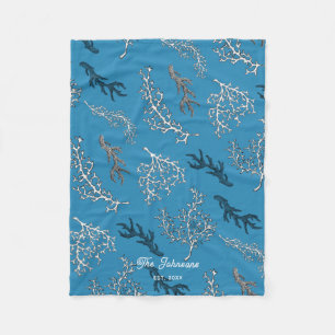 Coral Pattern Blue Coastal Beach House Fleece Blanket