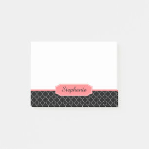 Coral Peach and Black Quatrefoil Monogram Post-it Notes