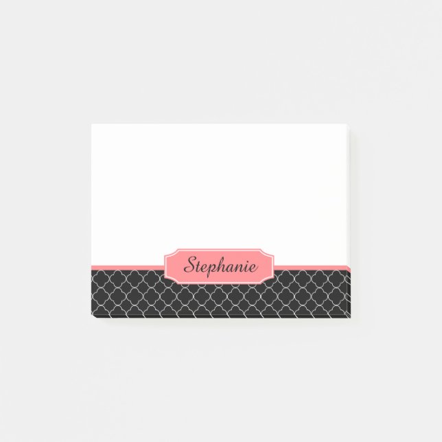 Coral Peach and Black Quatrefoil Monogram Post-it Notes (Front)