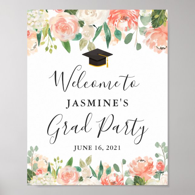 Coral Peach Blush Floral Graduation Party Sign (Front)