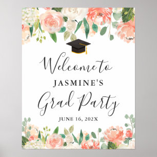 Coral Peach Blush Floral Graduation Party Sign
