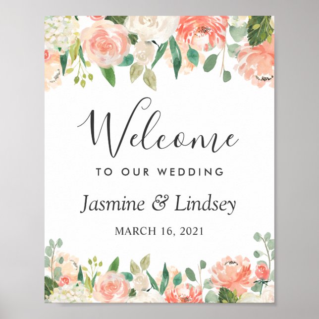 Coral Peach Blush Floral Wedding Welcome Sign (Front)