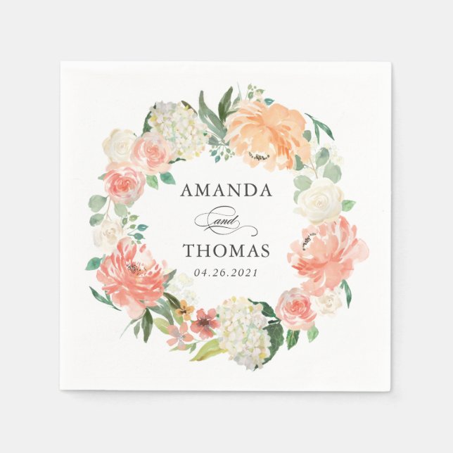 Coral Peach Blush Floral Wreath Wedding Napkin (Front)
