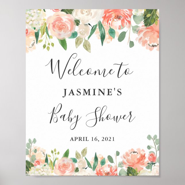 Coral Peach Blush Peonies Floral Baby Shower Sign (Front)