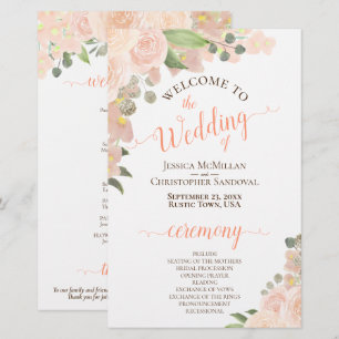 Coral Peach Boho Floral Budget Wedding Program