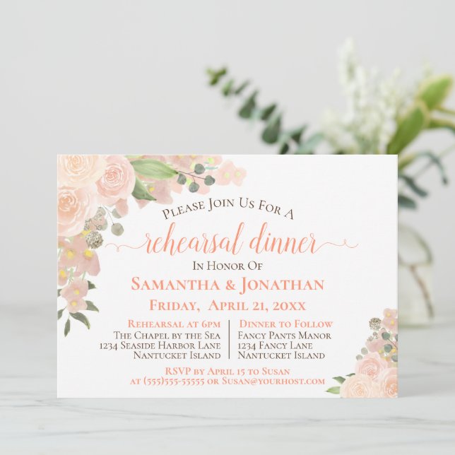 Coral Peach Boho Floral Wedding Rehearsal Dinner Invitation (Standing Front)