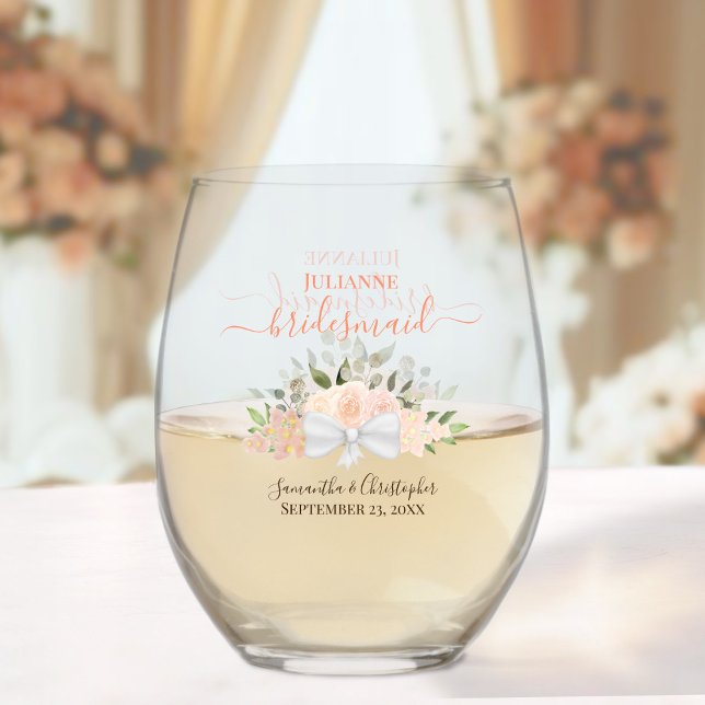 Coral Peach Bouquet Bridesmaid Maid of Honour Gift Stemless Wine Glass (Creator Uploaded)