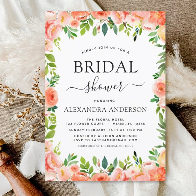 Coral Peach Bridal Shower Floral Greenery Invitation (Creator Uploaded)