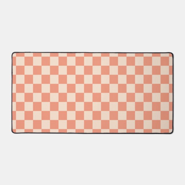Coral Peach Chequerboard Check Retro Pattern Desk Mat (Front)
