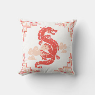 Coral Peach Chinoiserie Dragon and Clouds Cushion